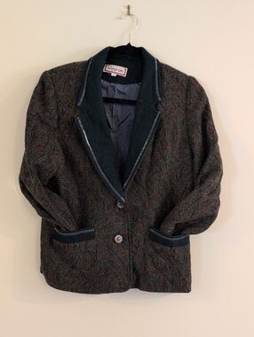 Ing Paisley-Patterned Blazer in Dark Green and Brown Trim